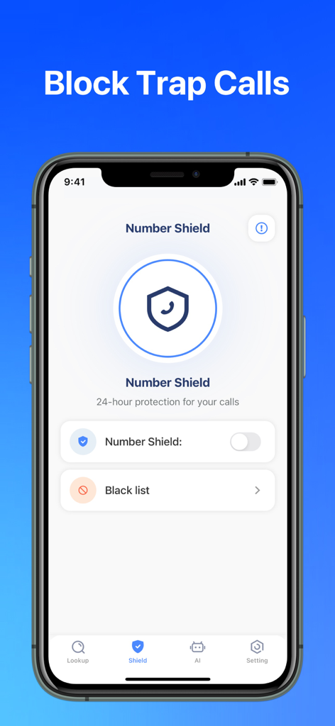 Caller ID:Reverse Phone Lookup - iPhone screenshot showing the Number Shield feature for 24-hour call protection and blacklisting options.