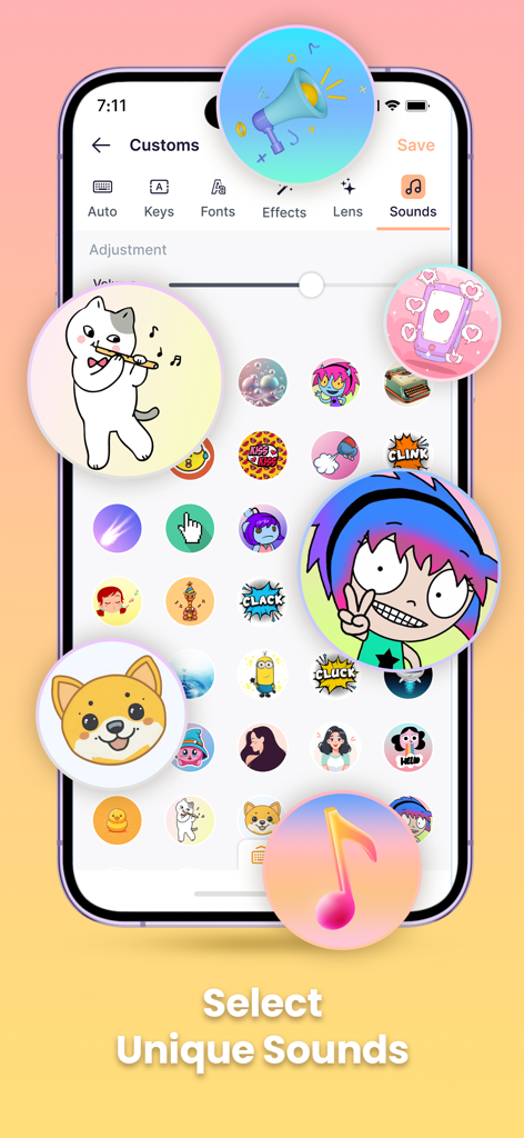 Neon LED Keyboard: Cute Themes - ネオンLEDキーボードをパーソナライズするためのユニークなサウンドオプションを示すインターフェース。