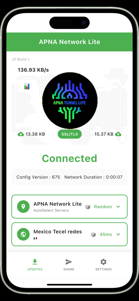 APNA TUNNEL - Interface do aplicativo APNA TUNNEL LITE mostrando status de VPN conectado com velocidades de dados em tempo real e seleção de servidor.