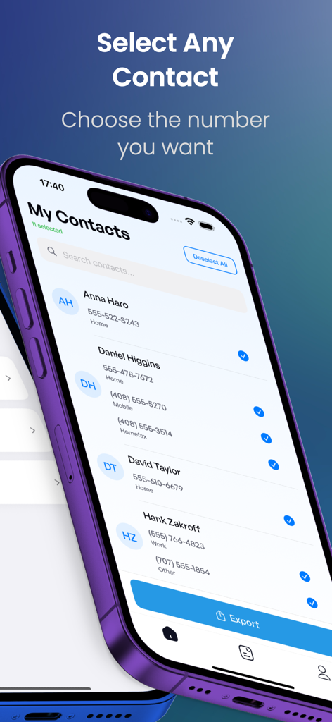 Tela do iPhone mostrando a seleção de números de telefone de contatos específicos para backup e exportação