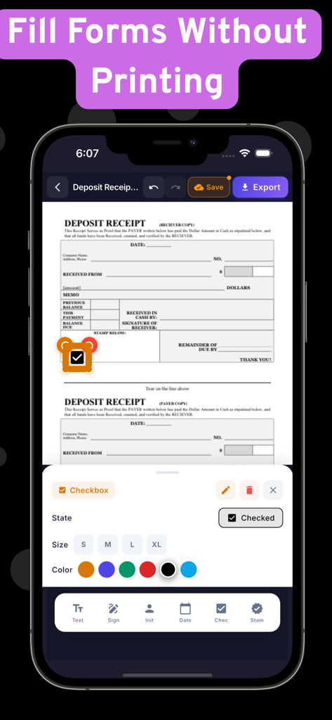 Fill and Sign PDF - SignFill - SignFill Pro app interface on an iPhone showing a user adding a digital checkbox to a deposit receipt PDF document