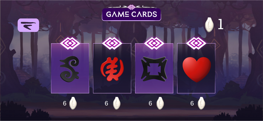 Anokye - Anokye mobile game menu displaying four different cards with African symbols and cowrie shell icons