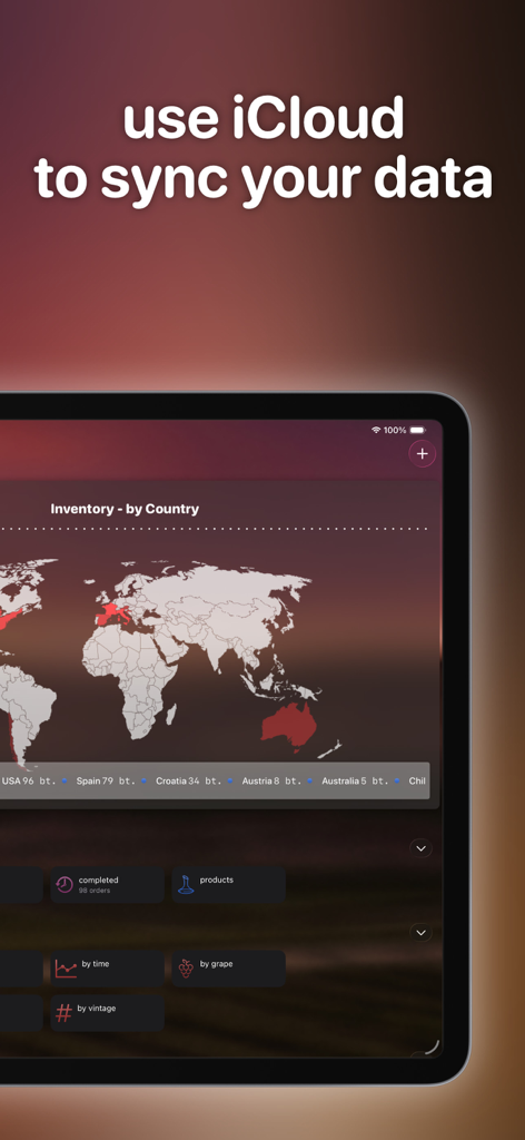 Wine Cellar Manager - Wine Cellar Manager app interface on an iPad displaying a world map of wine inventory by country and iCloud sync options.