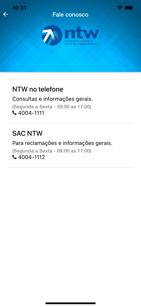 NTW Contabilidade Empresarial - Der Bildschirm 'Kontaktieren Sie uns' der NTW Contabilidade Empresarial App mit Telefonnummern des Kundensupports und Geschäftszeiten