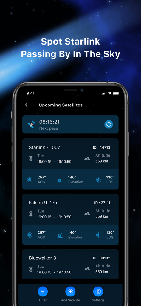 Starlink Satellite Tracker ISS - Smartphone screen showing a list of upcoming satellite passes including Starlink and Falcon 9 with tracking details.