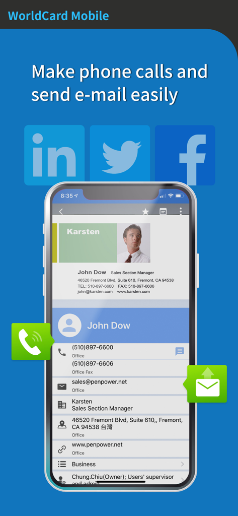 Contact profile screen in WorldCard Mobile app featuring direct call and email options