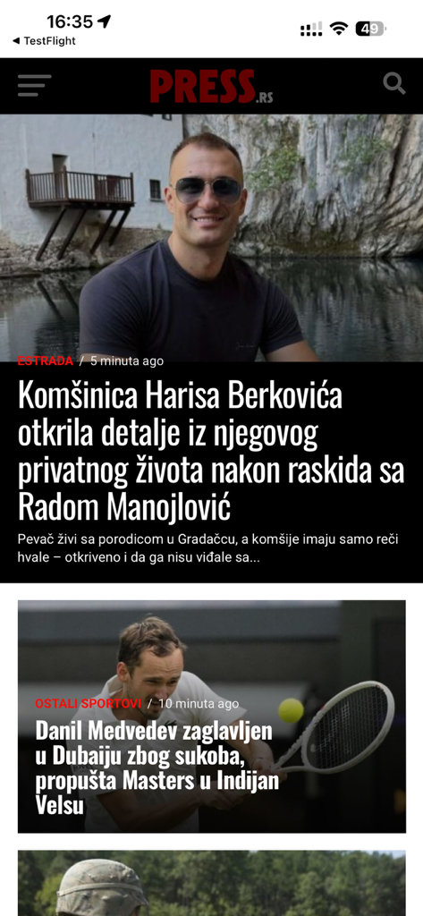 Press RS - Screenshot of the Press RS mobile news app interface showing Serbian language headlines for entertainment and sports