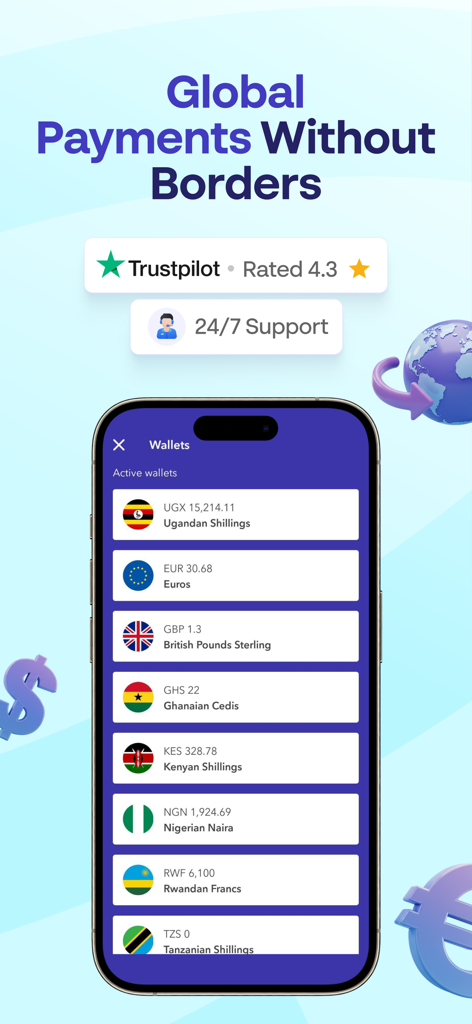 Eversend - the money app - Eversend mobile app interface showing multiple currency wallets for international payments and African currencies