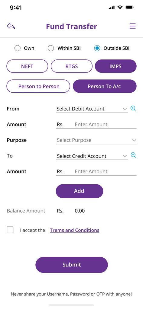 Yono Business SBI - Fund transfer screen in the Yono Business SBI corporate banking app