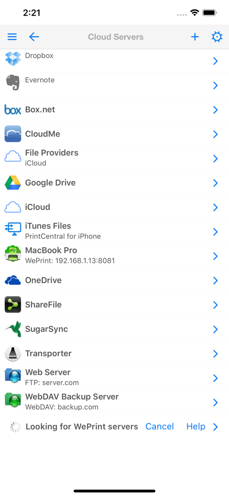 PrintCentral for iPhone - Lista de servicios y servidores en la nube, incluyendo Dropbox, Google Drive y OneDrive en la interfaz de la aplicación PrintCentral.