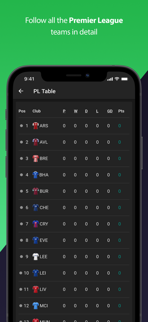 A mobile interface showing the Premier League table with football club rankings and statistics