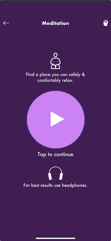Movements Karate - Meditation screen in the Movements Karate app featuring a play button and instructions for using headphones.