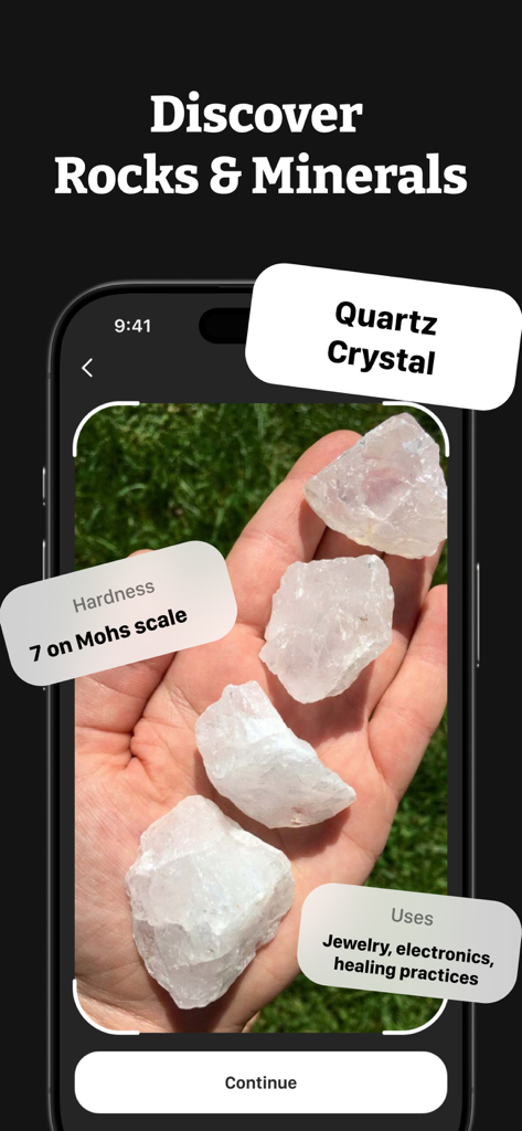 AI Lens Scanner - Image Search - A smartphone using AI Lens Scanner to identify quartz crystals and display mineral properties