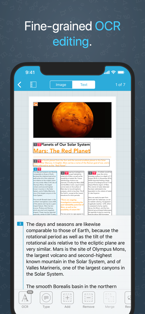 Prizmo Scan › Document Scanner - Prizmo Scan app interface showing fine grained OCR editing of a document about Mars
