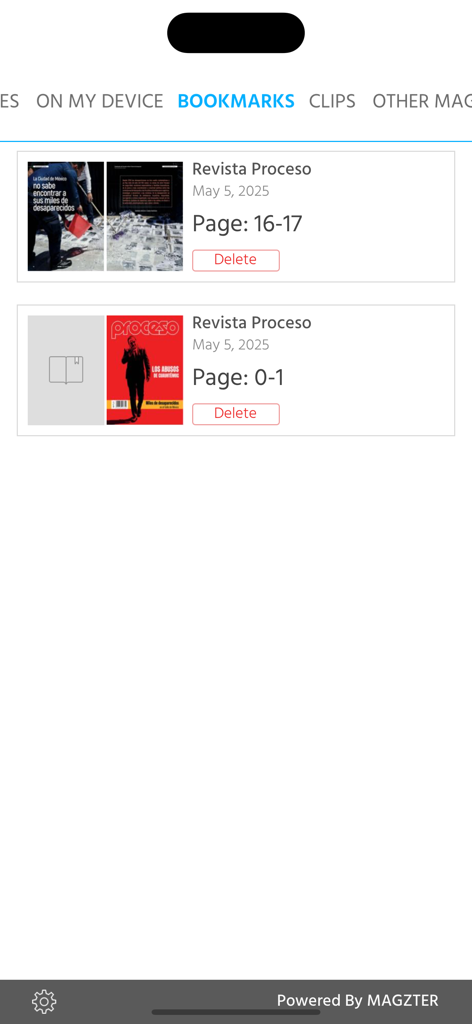Revista Proceso - Bookmarks section of the Revista Proceso app showing saved magazine pages
