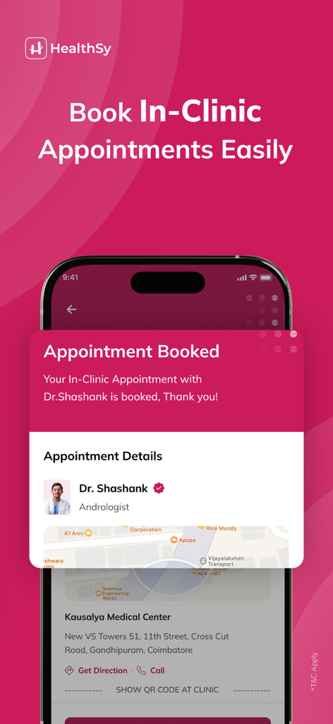 HealthSy-Online Healthcare App - A mobile screen from the HealthSy app showing a confirmed in-clinic doctor appointment with clinic address and map directions.