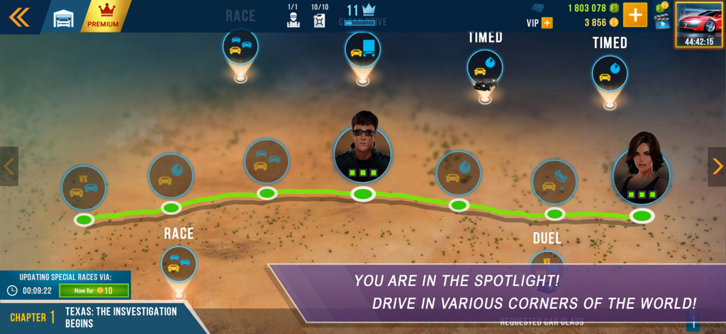 Interface of CarX Highway Racing showing the campaign mode map set in Texas with different race types and characters