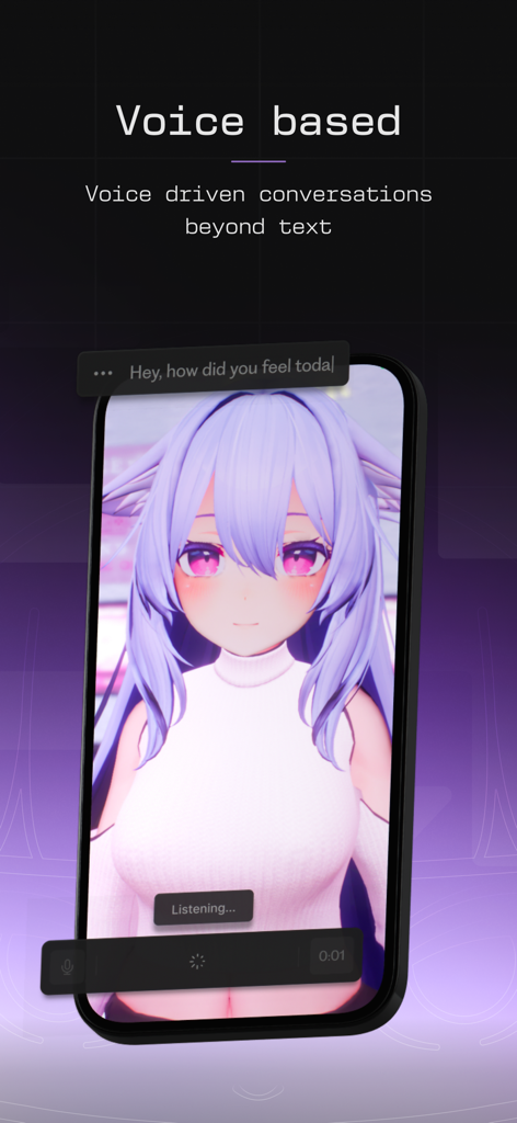 Otherhalf AI - Ein Screenshot der Otherhalf AI App mit einem 3D-Anime-Charakter während eines sprachbasierten Gesprächs