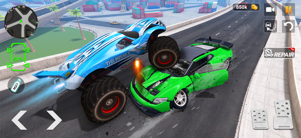 Rash Drive Car Crash Simulator - Ein blauer Monstertruck zerquetscht einen grünen Sportwagen in einer Hochgeschwindigkeitskollision.