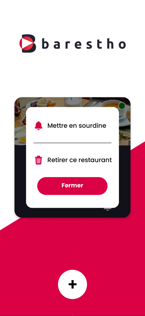 Barestho Pro - Barestho Pro app interface displaying a popup menu with options to mute or remove a restaurant