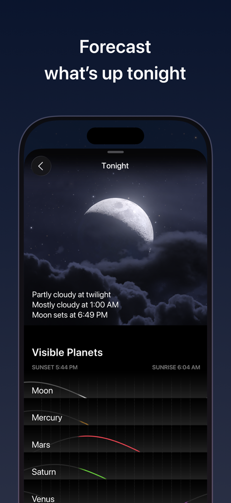 Sky Guide - Sky Guideモバイルアプリのインターフェース、月の満ち欠けと惑星の可視性スケジュールを含む夜空の予報を表示。