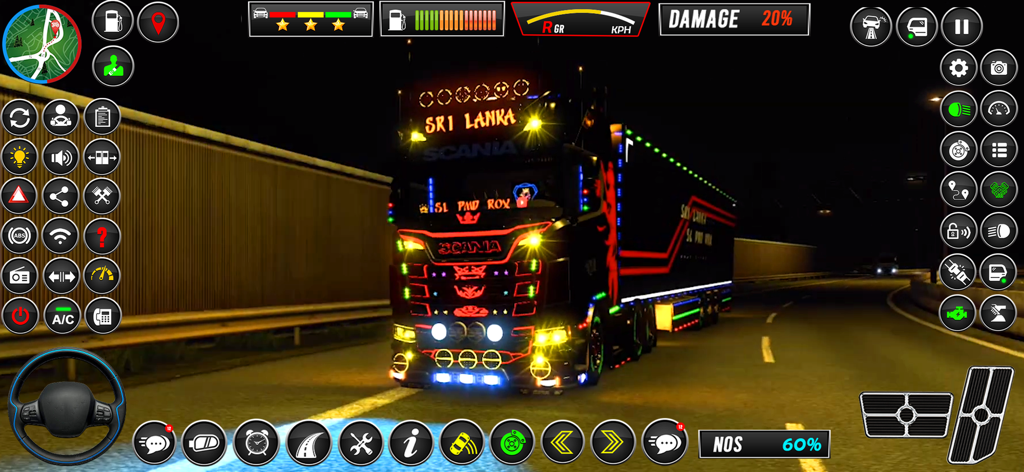 Un camión semirremolque muy decorado con luces de neón brillantes conduciendo por una autopista por la noche en un juego simulador.