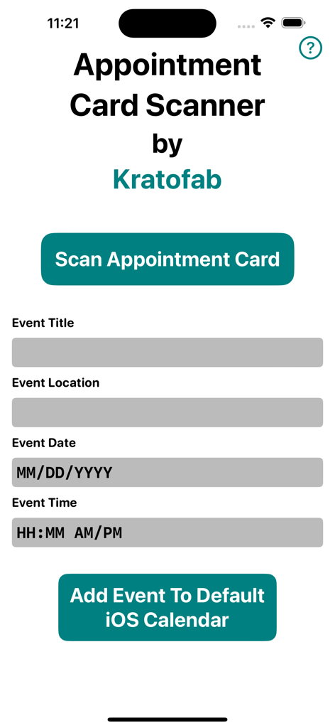 Main interface of the Apt Card Scan app showing the scan button and input fields for event title location date and time
