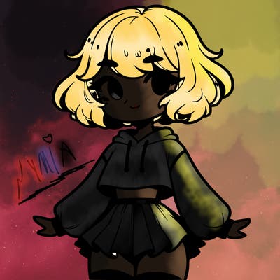 cute femboy with short, fluffy hair that softly frames their face, wearing a cropped hoodie, paired with a flouncy short skirt, and thigh-high stockings