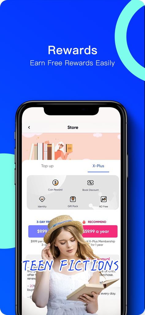 Dolphin Reader - Dolphin Reader app store screen showing X-Plus membership rewards and teen fiction novels