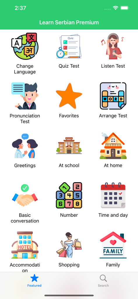 Interface do aplicativo móvel Learn Serbian Premium mostrando várias categorias de aprendizado e testes práticos