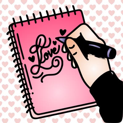 a hand writing “love” in calligraphy on a notebook