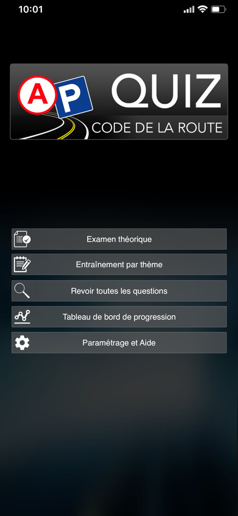 Écran d'accueil principal de l'application Quiz Code de la Route affichant les options d'examen