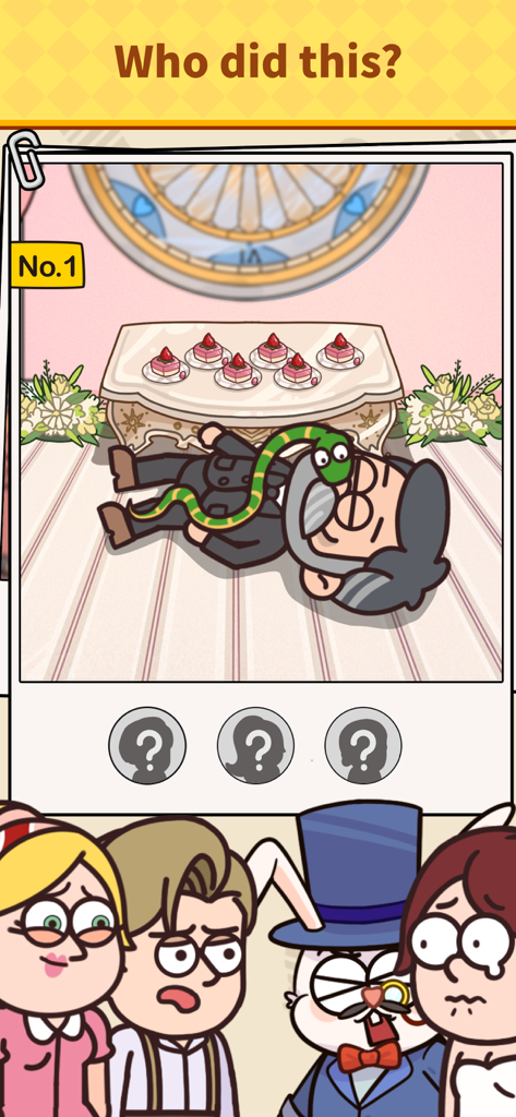 Una investigación de escena de crimen de un juego de detectives con una serpiente y varios sospechosos