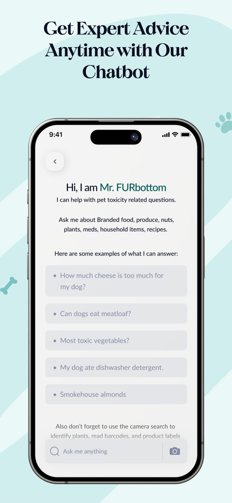 ToxiPets: Pet Poison Scanner - Interfaz del chatbot de IA de la aplicación ToxiPets para preguntas sobre seguridad de venenos para mascotas