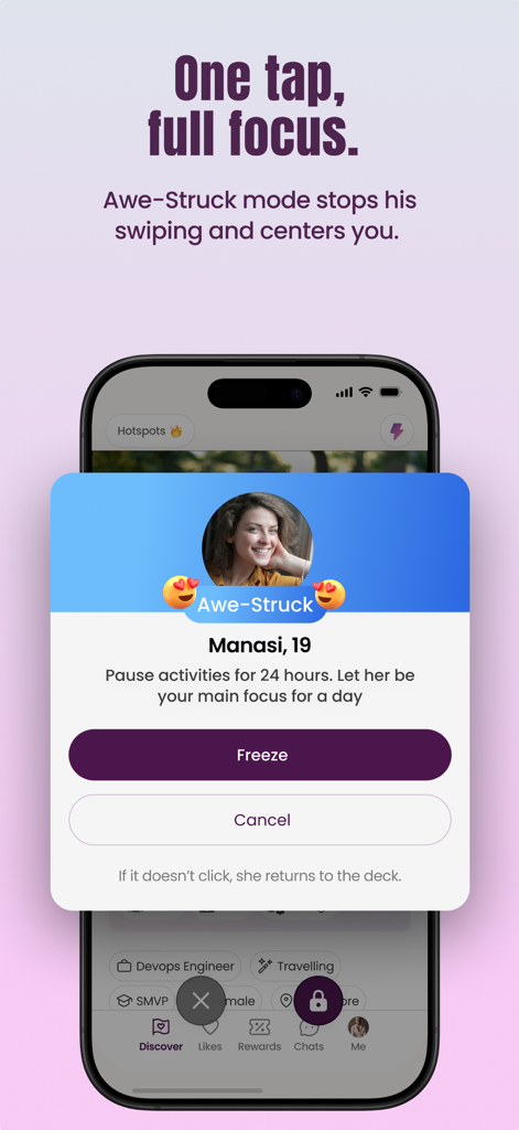 Swifey dating app interface showing the Awe Struck mode feature to focus on a single match for twenty four hours