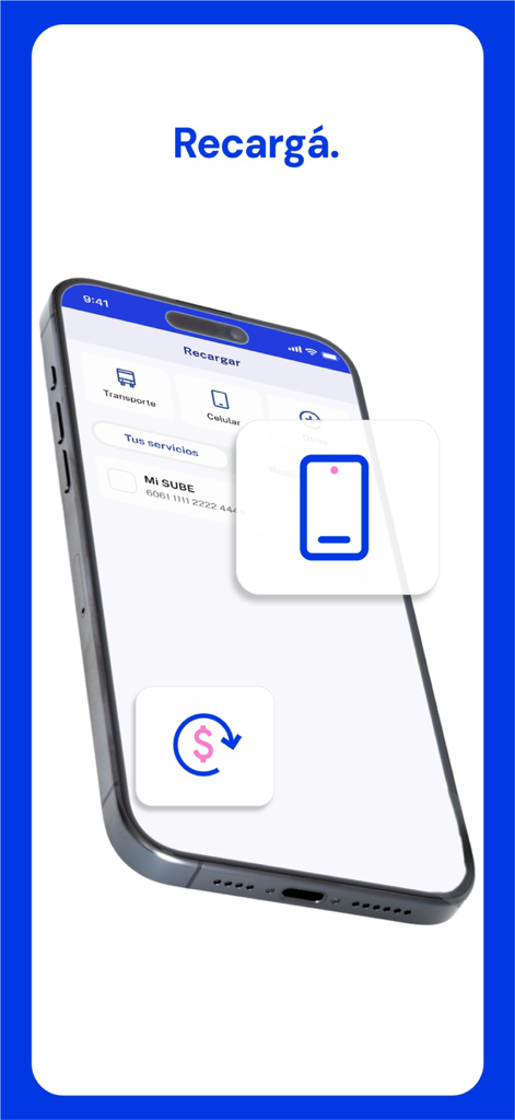 Pantalla móvil de Nueva App Macro que muestra opciones para recargar servicios de transporte y telefonía móvil