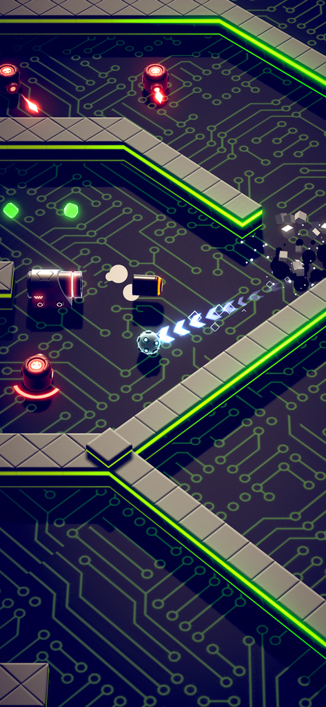 Jugabilidad de Flaming Core con una bola de neón navegando por un nivel de placa de circuito ciberpunk.