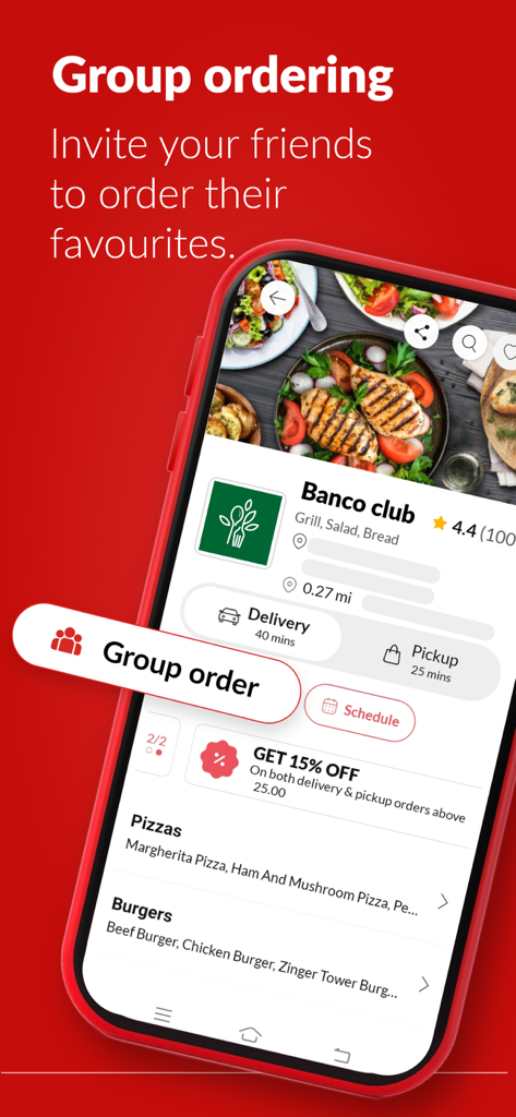 Foodhub mobile app interface showing the group ordering feature to invite friends