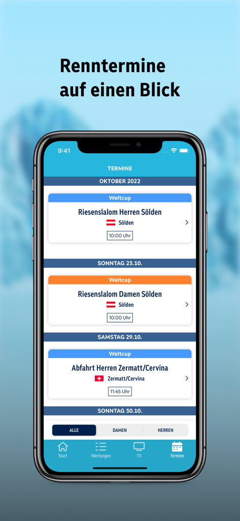 ORF Ski Alpin app displaying upcoming World Cup alpine skiing race dates and locations