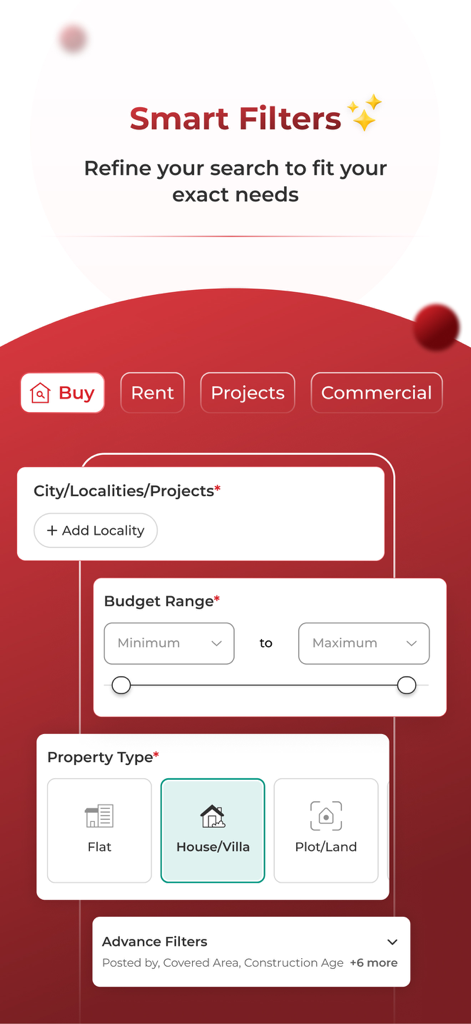 The smart filters interface of the Magicbricks app allows users to refine property searches by location budget and type