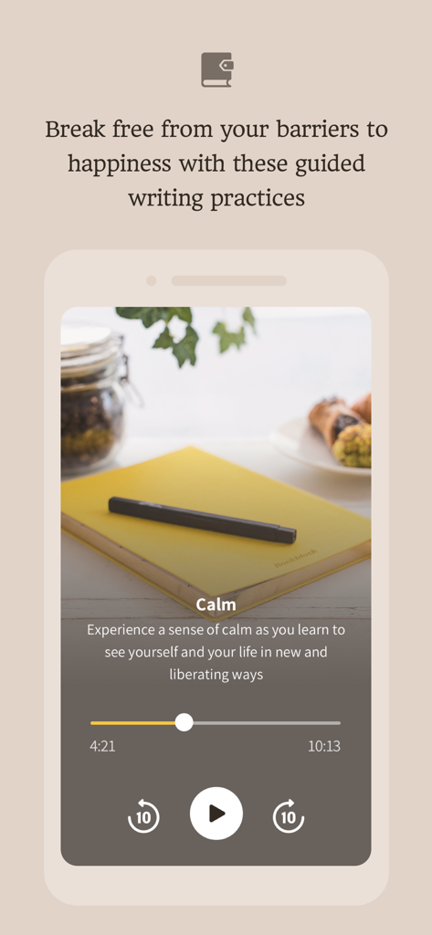 The Happy Habit - The Happy Habit app screenshot showing a guided writing practice screen with a yellow notebook and an audio player interface