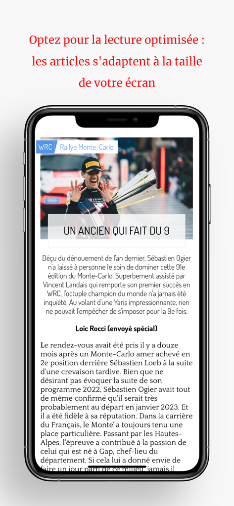 AUTOhebdo Magazine - Smartphone screen showing an optimized article about WRC in the AUTOhebdo app