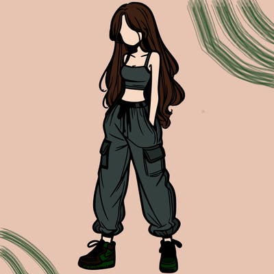 girl in baggy pants crop top and long hair