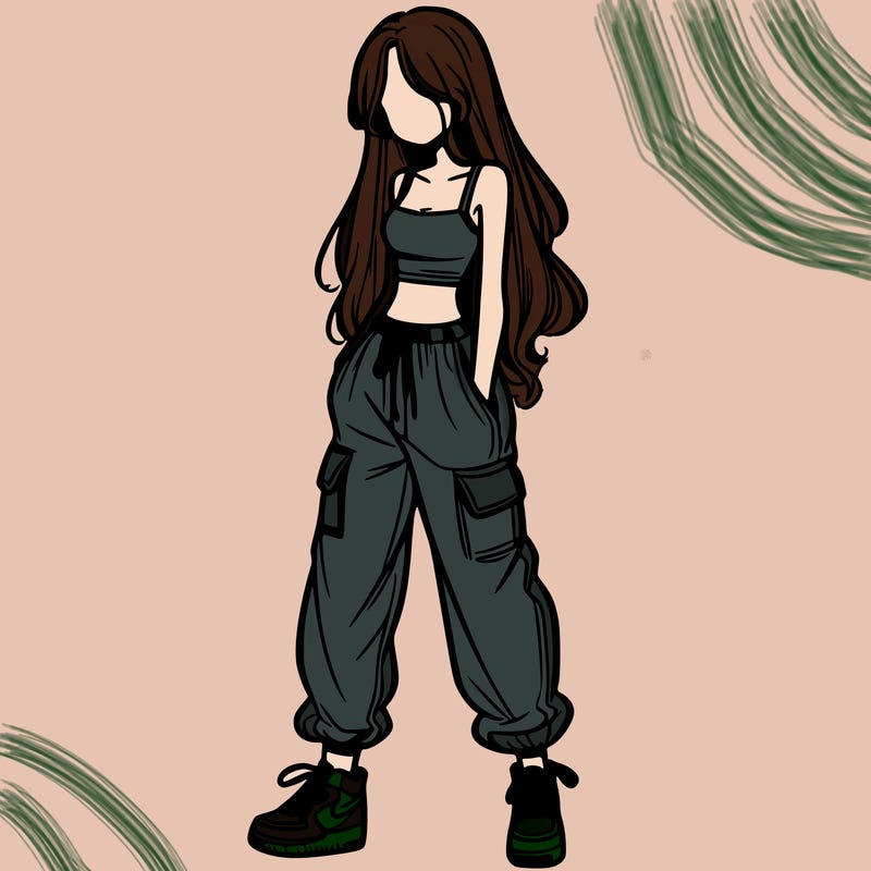 girl in baggy pants crop top and long hair