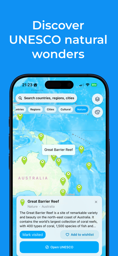 Been Atlas - Travel Map - Eine Karte, die UNESCO-Naturwunder in Australien zeigt, mit Informationen über das Great Barrier Reef in der Been Atlas App