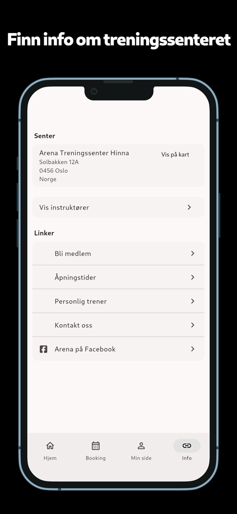 Arena Training Center - Pantalla de información de la aplicación Arena Training Center que muestra la ubicación del gimnasio y los enlaces para miembros