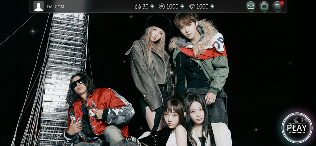 SUPERSTAR THEBLACKLABEL - Hauptmenü-Bildschirm von SuperStar THEBLACKLABEL mit K-Pop-Künstlern und einer Play-Taste