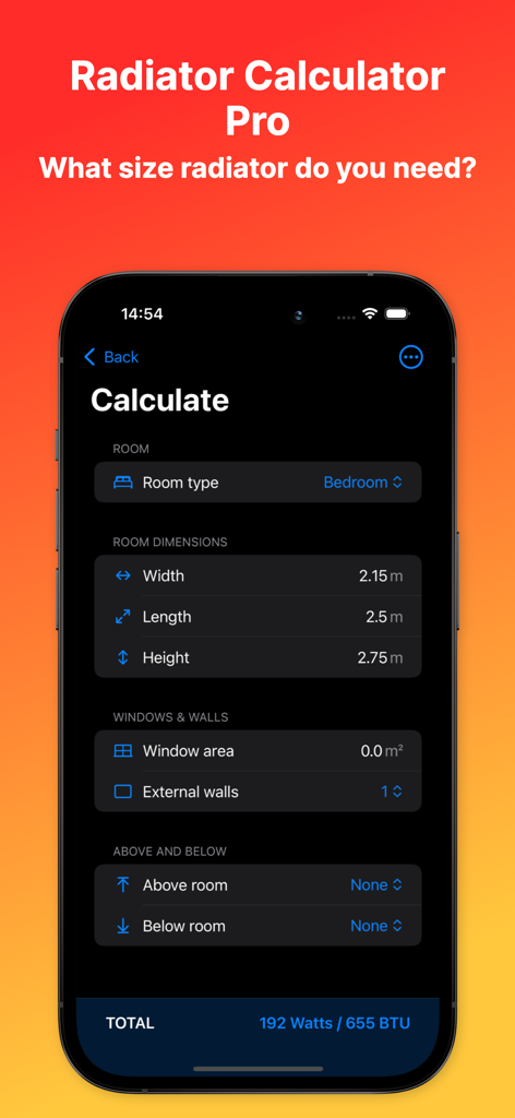Radiator Calculator Pro mobile app interface showing a room heating calculation with BTU and Watts results