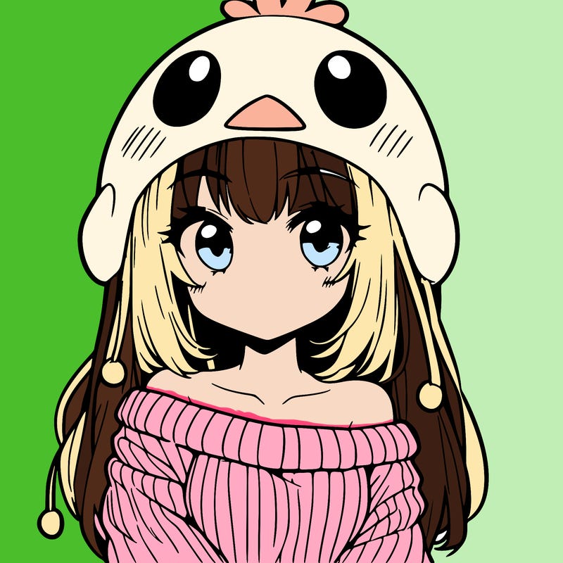 anime girl with chick shaped hat with sweater with bare shoulders with bangs covering them one eye with low tail