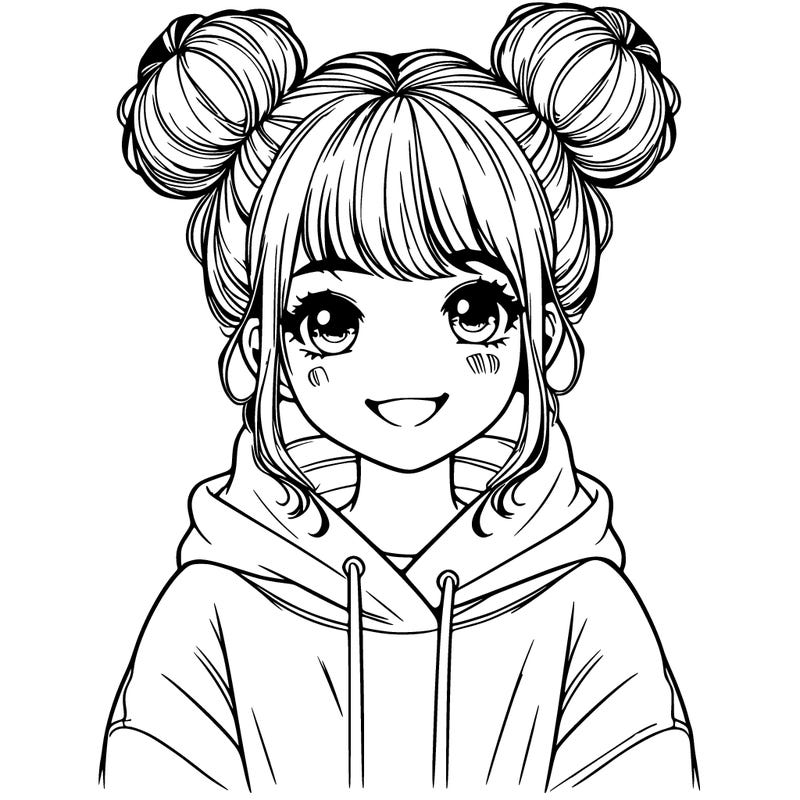 the realistic girl with two buns on her head oversized hoodie nice big smile